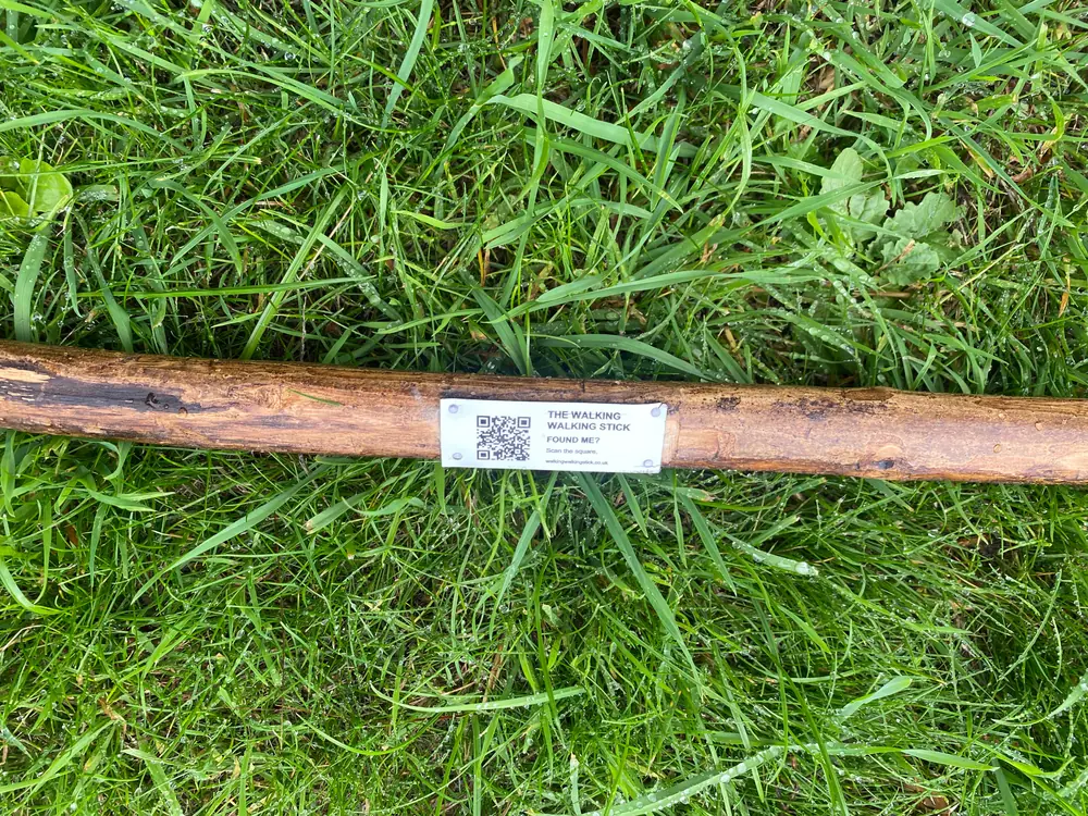 Close-up of the Walking Walking Stick identification plate and QR code